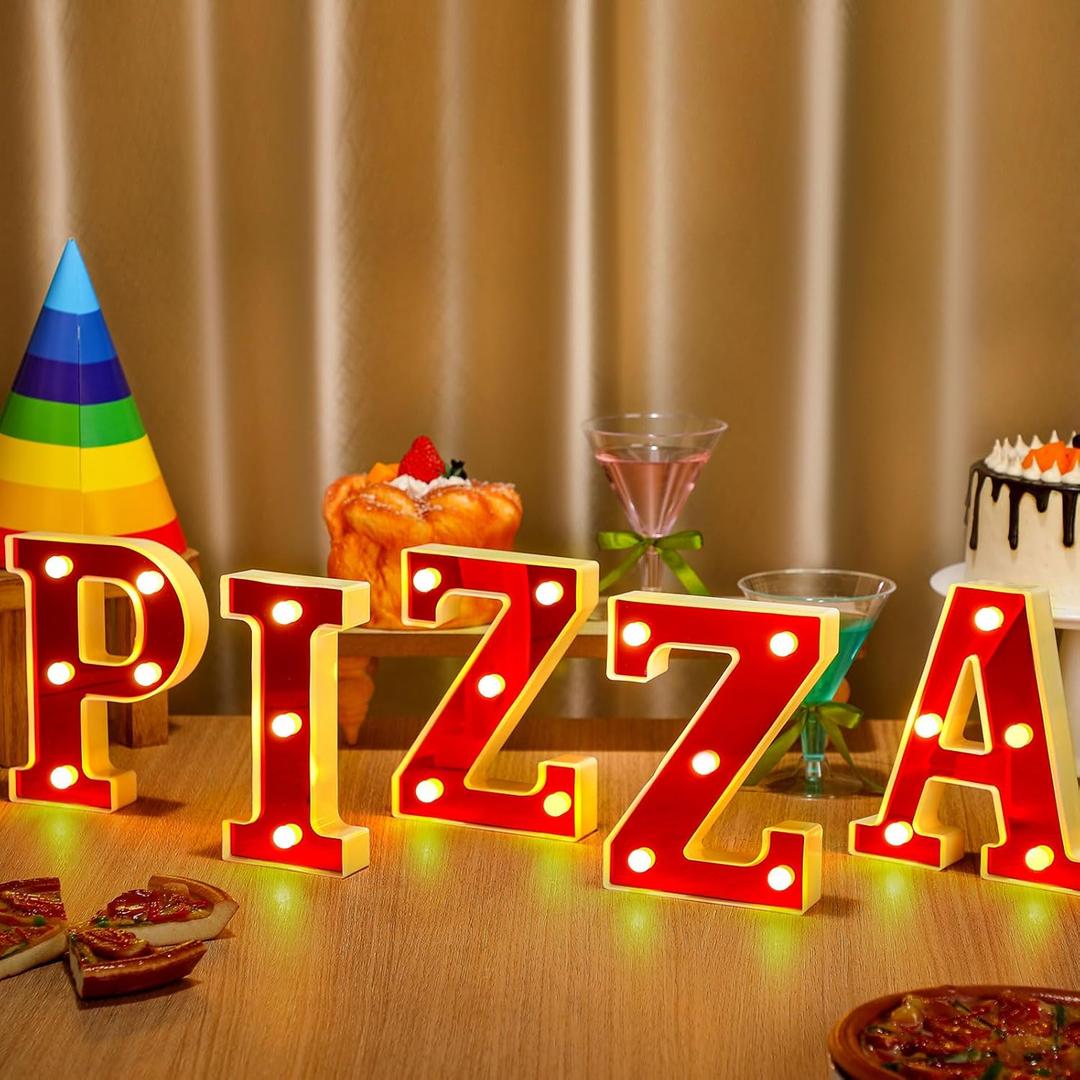 Aurelema Pizza 6.3" Light up Letters Sign Party Decorations Battery Powered Marquee Lighted Sign LED Alphabet Letter Lights for Christmas Night Party Birthday Home Tabletop Decor Supplies Xmas Gift