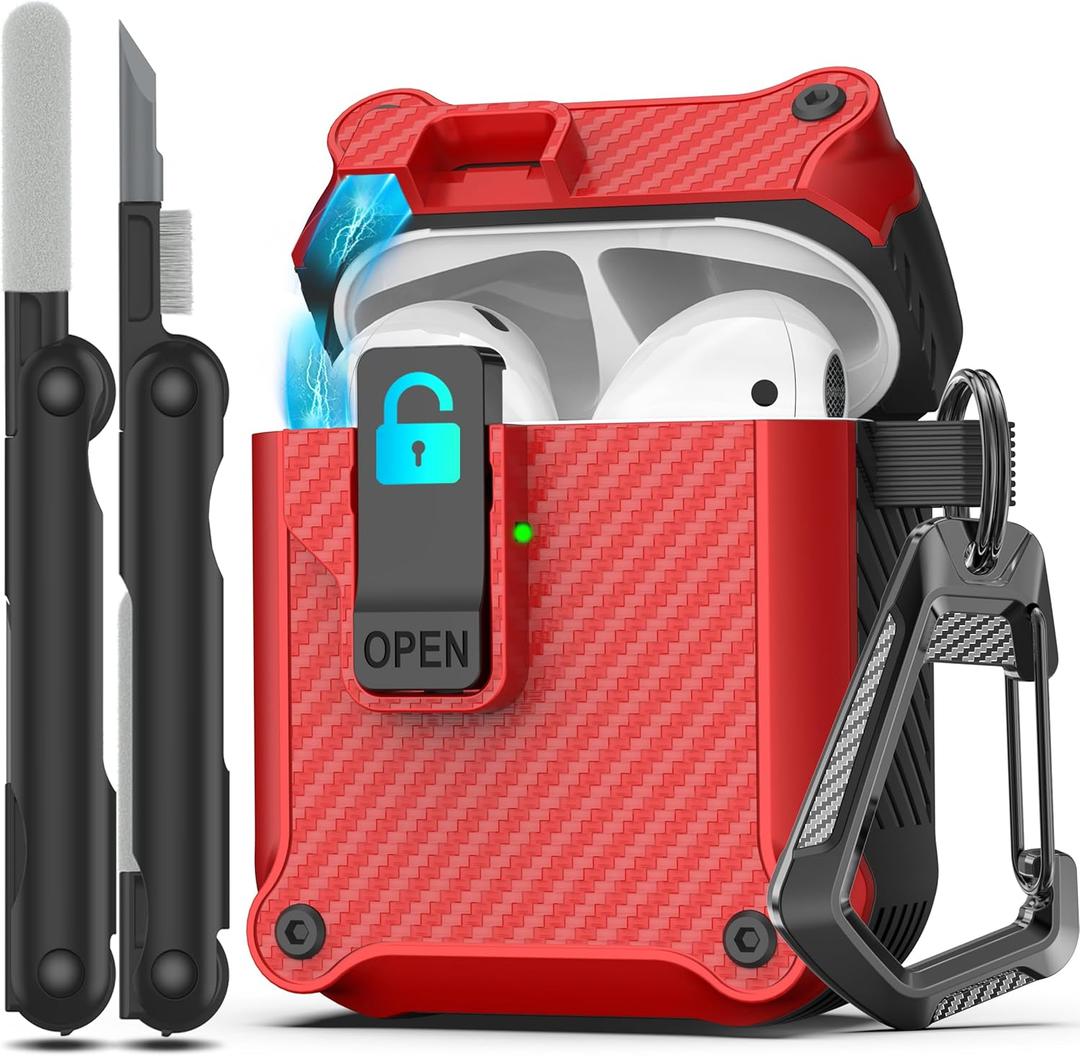 RFUNGUANGO for Airpods 2nd and 1st Generation Protective Cases Automatic Pop-up with Safety Lock Clip, Full Body Shockproof Hard Case with Keychain (Cleaning Tool)- Red