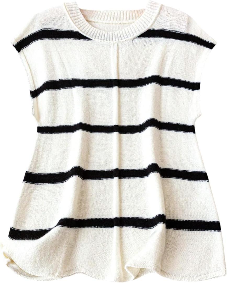 SweatyRocks Women's Plus Size Sweater Vest Striped Pullover Tank Top Round Neck Cap Sleeve Knit Tops (XXL)