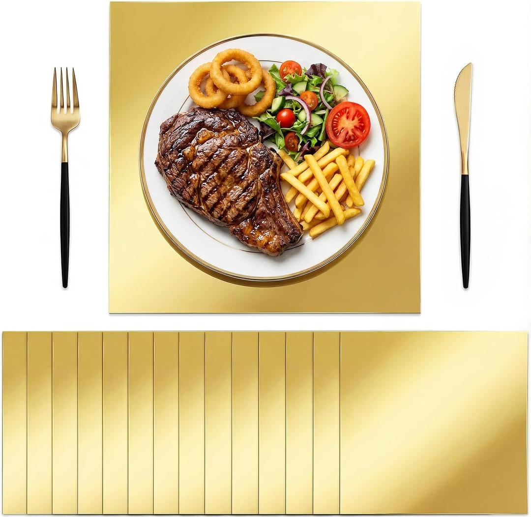 100 PCS Disposable Paper Placemats, GOH DODD 13" Thicken Mirrored Charger Plates Table Decoration Place Mats for Dinning Kitchen Bridal Shower Baby Shower Banquet Birthday Party Wedding, Square, Gold