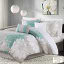 Madison Park Lola Sateen Cotton Comforter Set-Casual Medallion Floral Design All Season Down Alternative Bedding, Shams, Bedskirt, Decorative Pillows, King, Grey/Aqua 7 Piece