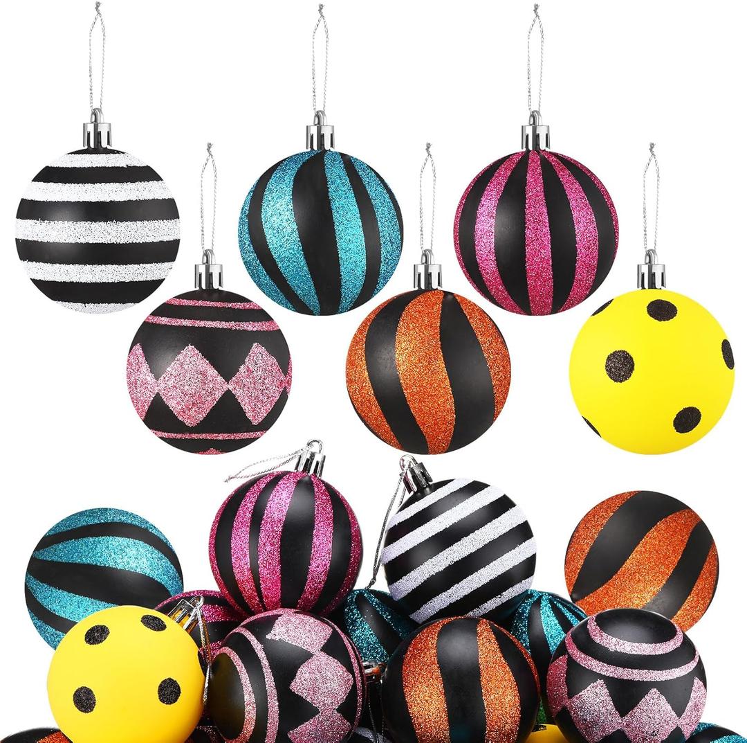 Riceshoot 24 Pcs Christmas Black and White Ball Ornaments Xmas Plastic Stripe Dot Hanging Ball for Christmas Tree Party Decoration Supplies (Novel Style,2.36 Inch)