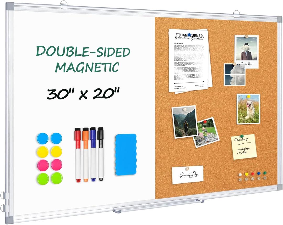 Double Sided Magnetic White Board Cork Board Combo for Wall