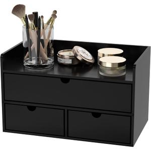 Wisuce Bamboo Desk Organizer - Mini Bamboo Desk Drawer Tabletop Cosmetic Storage Organization for Office or Home Black with Shelf, Black