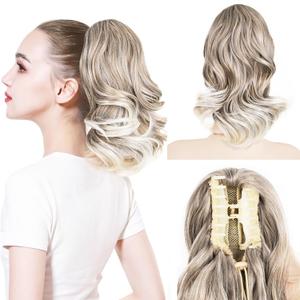 Ponytail Extension, 12 Inch Pony Tails Hair Extensions, Hold Securely, Tangle-Free,Curly Wavy Natural Looking Synthetic Claw Clip Ponytail Extension for Daily Use (Light Gray Brown with Light Ends)