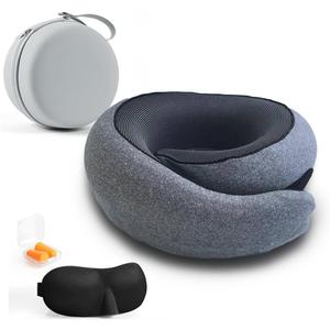 Travel Neck Pillow with Memory Foam & Chin Support – Includes Cute Macaron EVA Water-Resistant Carry Case, Eye Mask & Ear Plugs (Dark Grey)