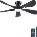 Kviflon 52 Inch Modern Ceiling Fans with Lights, Flush Mount Ceiling Fan with Light and Remote/APP Control, 5 Reversible 6 Speeds Curved Blades, 3 CCT Dimmable Lights for Bedroom, Black