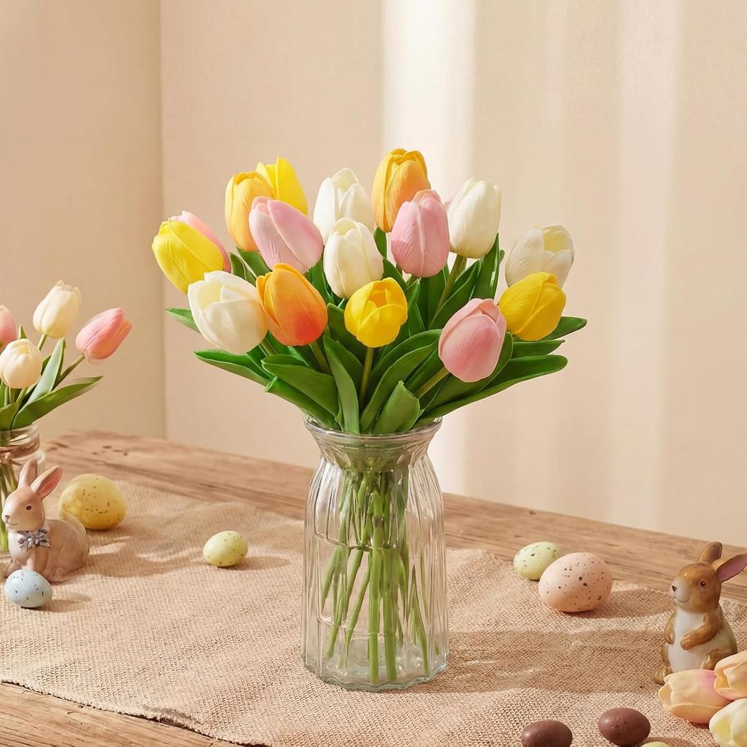 Tigeen 16 Pcs Fake Flowers Tulips 13" Artificial Flower Mother's Gift Day Centerpieces for Tables Decorations for Spring Easter Home Kitchen Wedding Bouquet Bulk