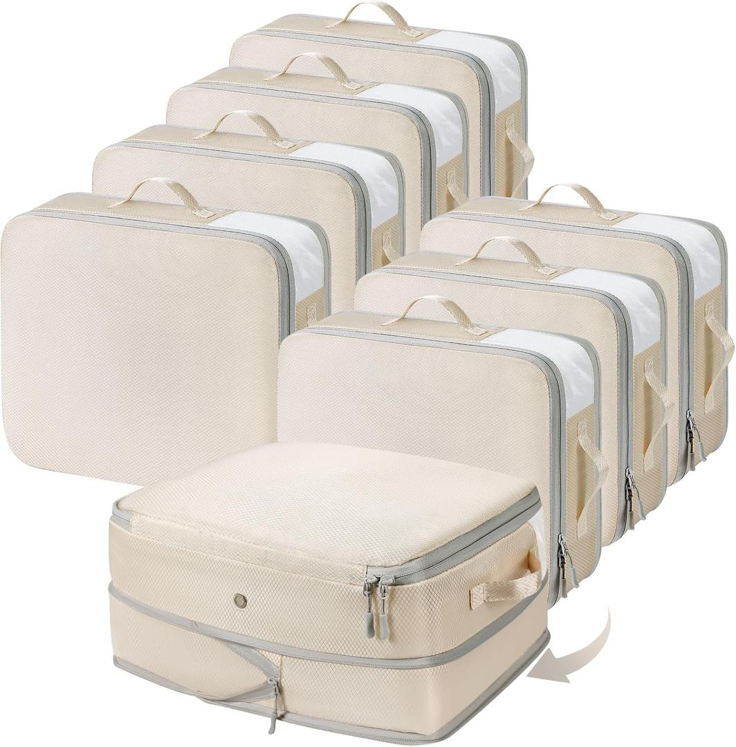 DIMJ Clothes Storage Bag 8 Pack, 19L Compression Storage Bags for Sweater, Closet, Sheet Storage Organizer with Window Handle, Compression Packing Cubes Space Saver Storage Bags with Zipper (Beige)