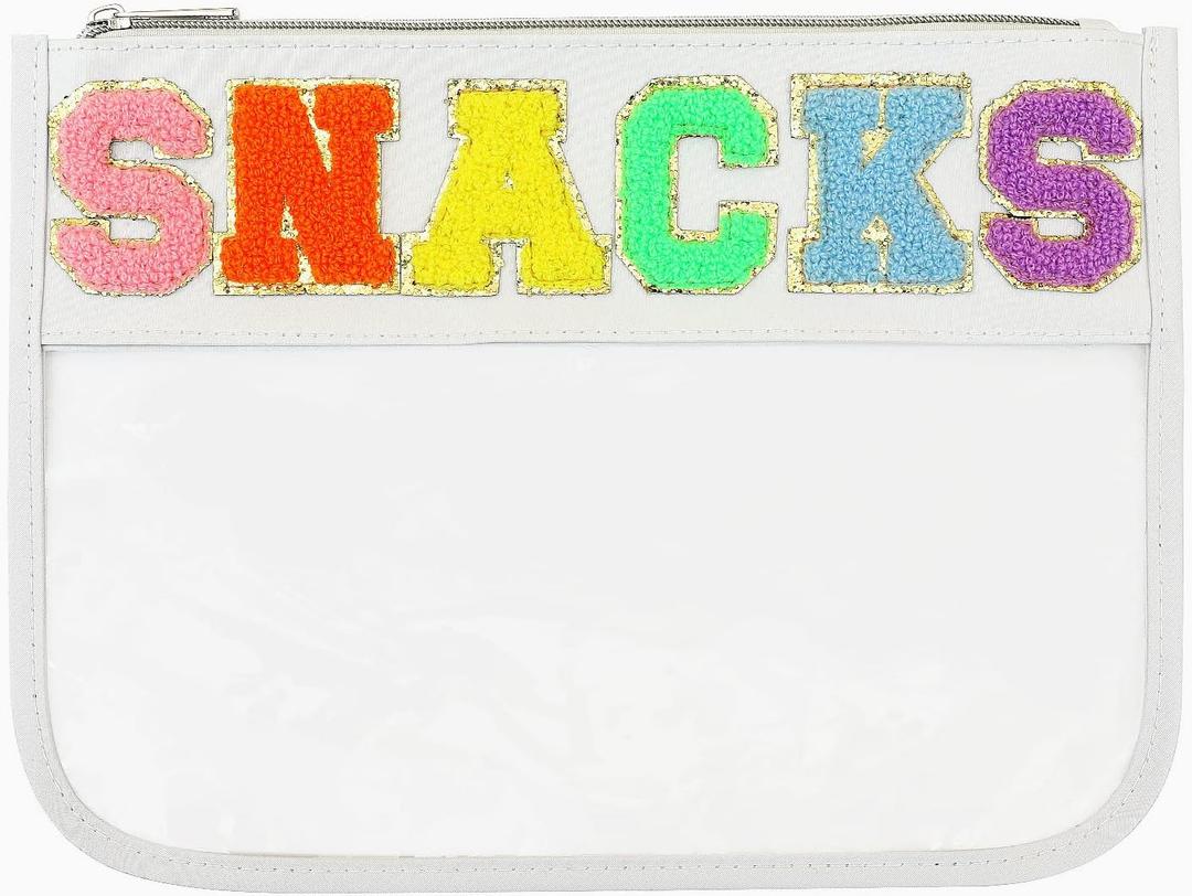 Chenille Letter Bag, Multi-purpose Nylon Clear Makeup Cosmetic Bags Flat Pouches with Zipper for Travel, Gym, Beach (White-Snacks)