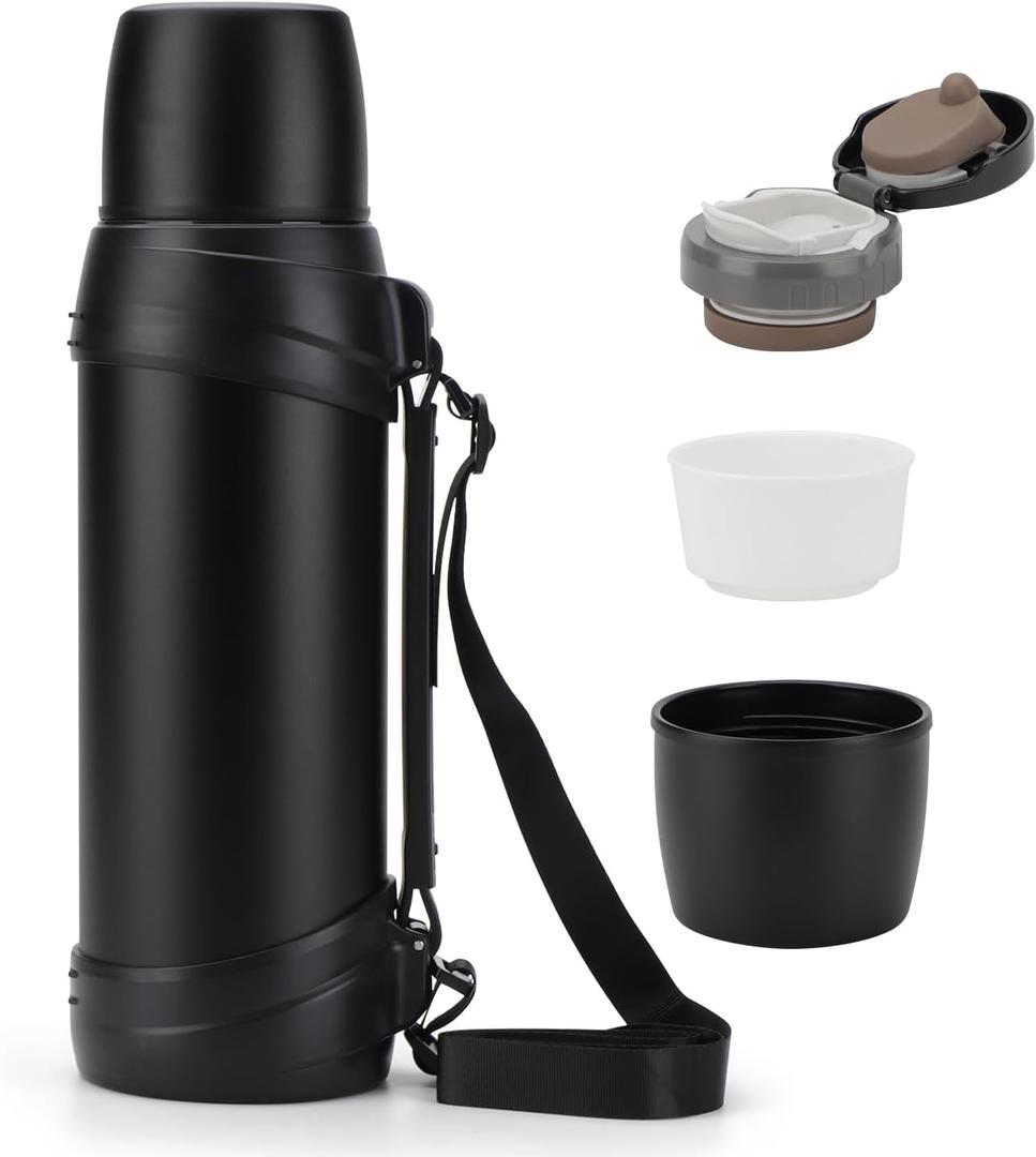 84oz/2.5L Large Coffee Thermoses for Travel Stainless Steel Large Flask with Handle for Hiking Fishing Camping (Black)