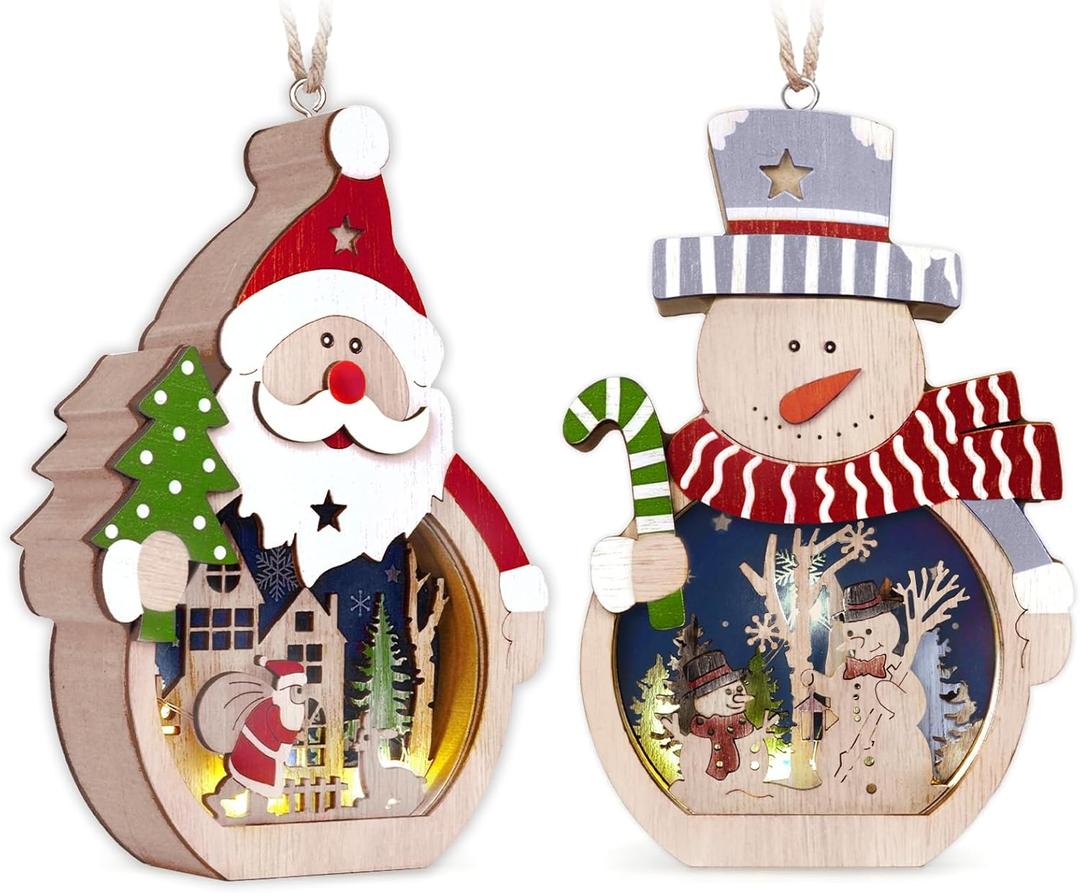 OurWarm 2 Pcs Wooden Christmas Ornaments, LED Light Wooden Hanging Ornaments Santa Claus Snowman Ornaments for Christmas Tree, Table, Hotel Window Display, Crafts Gifts for Xmas Party Decor