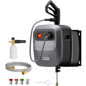 Giraffe Tools Grandfalls Retractable Pressure Washer G20, 2500 PSI 2.2 GPM, 180 Wall Mounted Power Washer, Auto-Retract with 65ft Pressure Hoses, 5 Nozzles for Floor/Cars/Fences/Patios, Dark Silver