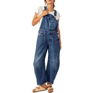 PLNOTME Womens Denim Bib Overalls Barrel Leg Adjustable Strap Jean Pants Jumpsuits with Pockets (Medium, Navy)