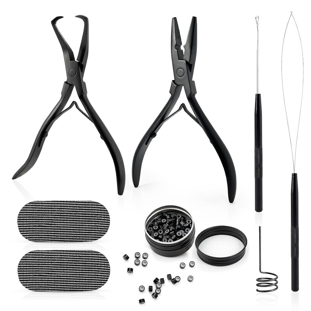 Gomake Microlinks Hair Extensions Kit, Hair Extension Closer and Removal Pliers, Micro Beads Pulling Hook & Microbead Loop Tool, Micro Links Silicone Rings Bead 200PCS(Black)