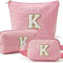 2 x Personalized Initial Makeup Bag Set, 3pcs Monogram Makeup Bag with Large & Small Pouch and Waist Bag, Initial Makeup Bag Organizer for Travel, Luggage, Daily Use and Cute Gifts (K)