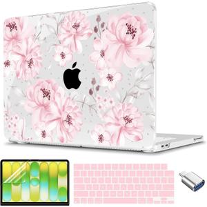CISSOOK Compatible with MacBook Neo 13 inch Case 2026, Protective Hard Shell Case + Keyboard Cover + Screen Protector + USB-C Adapter for MacBook Neo 13 A3404, Cute Pink Flower