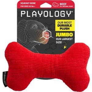 Playology Plush Squeaky Bone | Engaging All Natural Beef Scented Plush Dog Toy with Interactive Squeaker for Large to X-Large Dogs 50lbs & up | Easy to Clean | Ideal for Squeak, Chew, Fetch, and Play