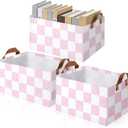 Boao 3 Pcs Checkered Basket Checkered Storage Bin with Handles Gingham Storage Bin Square Tote Laundry Basket Canvas Foldable Box for Home Office Bedroom Bathroom Clothes Cars(Pink)