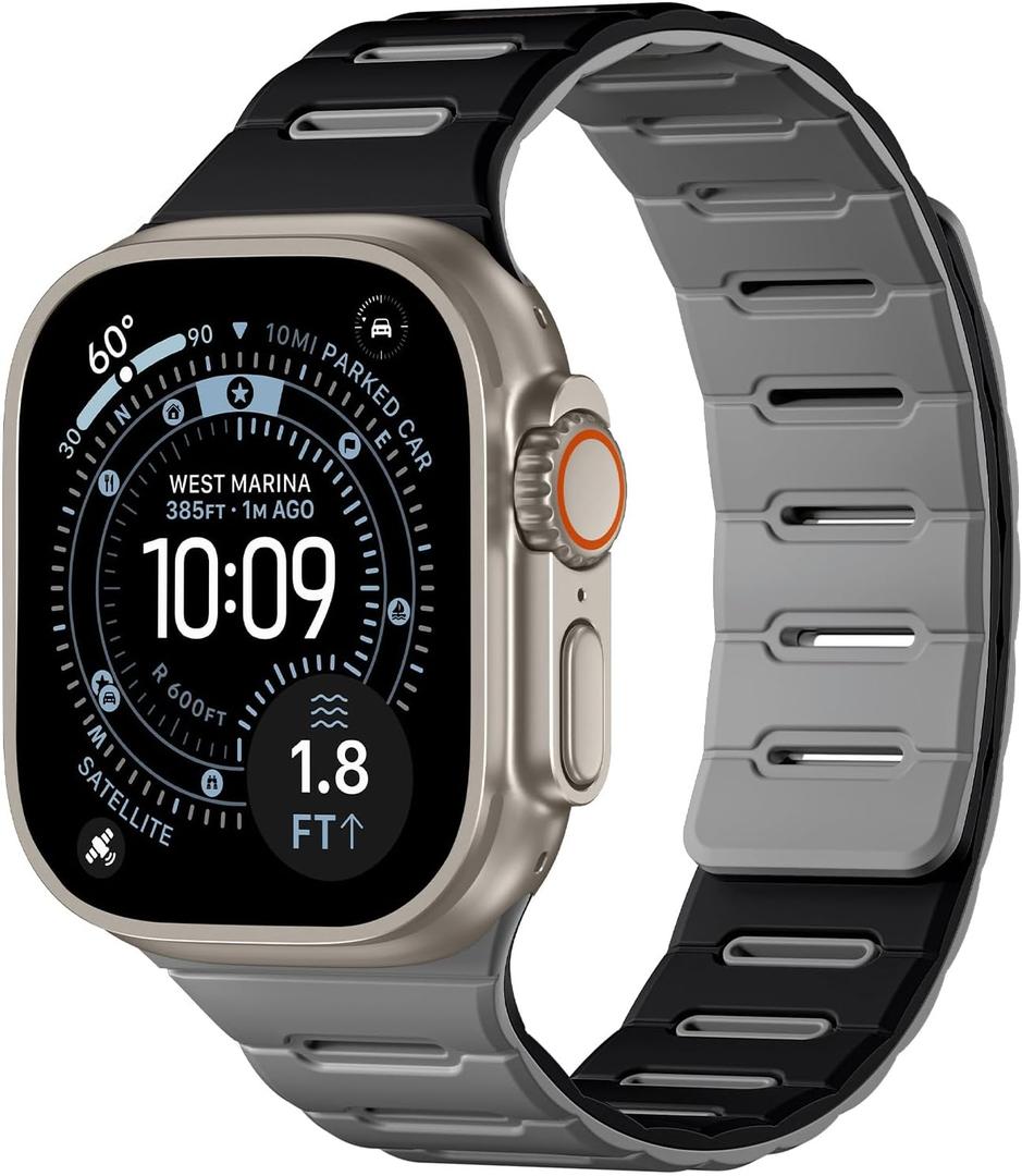 Bandletic Double Magnetic Compatible with Apple Watch Series 11 Band 46mm Men, Rugged Silicone Sport Watchband for iWatch 49mm(Ultra3/Ultra2),45mm(9/8/7), 44mm(SE3/SE2/SE/6/5/4),42mm(3/2/1),Black Gray