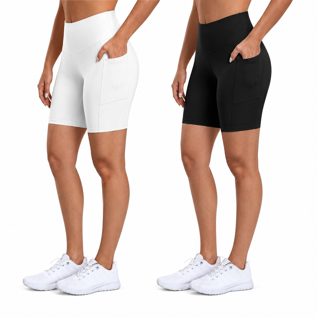 ATHVOTAR Biker Shorts Women with Pockets - High Waisted Workout Spandex Tummy Control Gym Running Yoga Shorts, Black/White 2XL