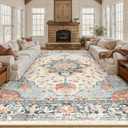 Area Rugs 10'x14' Washable Non-Slip, Floral Vintage Distress Print Pattern Medallion Carpet for Living Room Bedroom Dining Room, Beige Navy Blue Orange Colorful