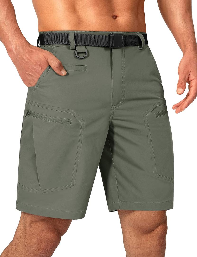 Mens Cargo Hiking Shorts Water Resistant Quick Dry Lightweight Breathable Tactical Shorts with Nylon Belt (50W x 10L, Olive Green)