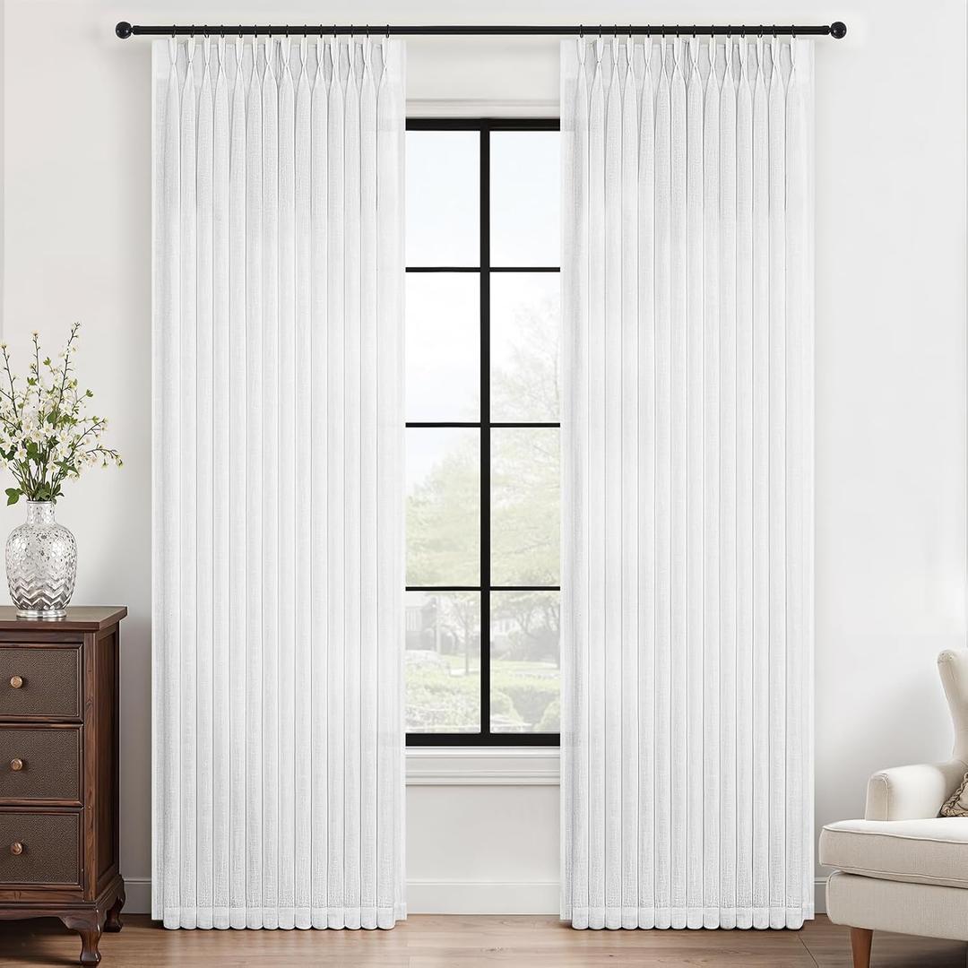 92 Inch Pinch Pleated Curtains for Living Room 2 Panels Rustic Beige White Thick Linen Textured Light Filtering Pinch Pleat Drapes Minimalist Back Tab Semi Sheer Window Curtain for Bedroom Kitchen