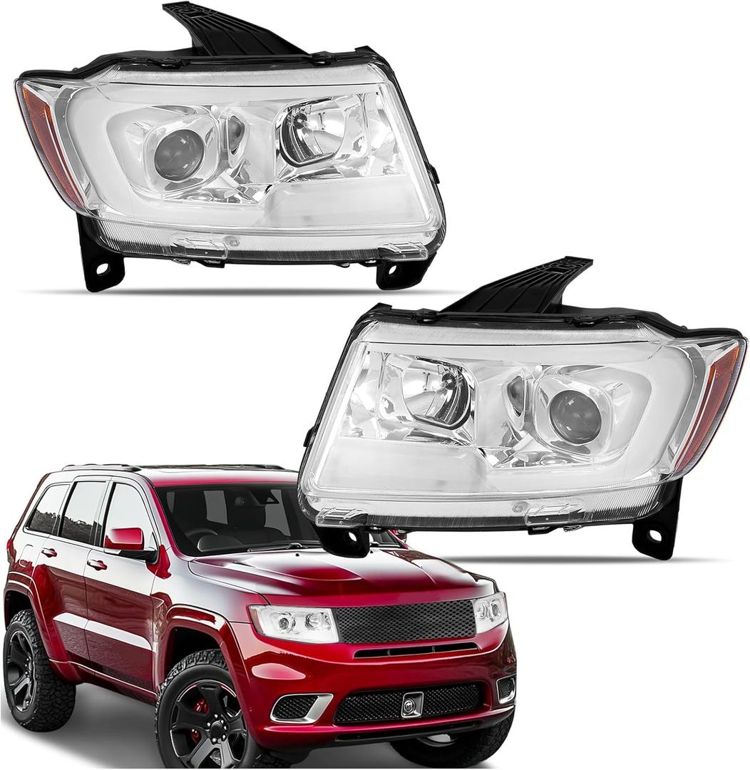 HECASA Pair Projector Headlights Compatible with 2011-2013 Jeep Grand Cherokee Headlamp w/LED Bar Tube DRL Clear Lens&Chrome Housing&Amber Reflector Compatible w/Factory Halogen Headlights Only