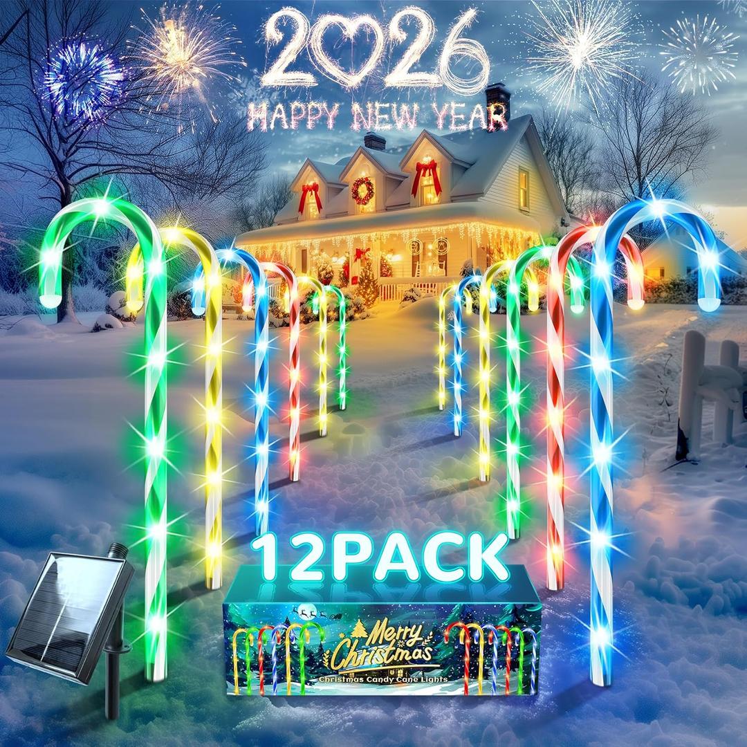 Anordsem Solar Christmas Decorations Outdoor: 12 Pack Candy Cane Stake Lights - 21" Waterproof LED 8 Colorful Lighting Models for Pathway Yard Patio Xmas Decor - 2026 New Year Gifts for Homeowners (Multi-colored)