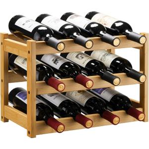 VASMIA Bamboo Wine Rack, Sturdy and Durable Wine Storage Cabinet Shelf, Wine Racks Countertop for Pantry,Kitchen,3-Tier 12 Bottles Wine Rack Natural