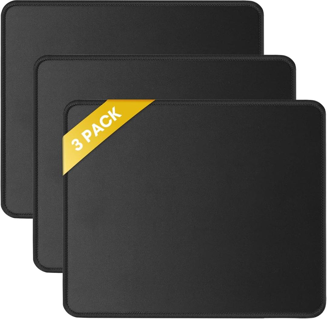 JIKIOU 3 Pack Mouse Pad with Stitched Edge, Comfortable Mouse Pads with Non-Slip Rubber Base, Washable Mousepads Bulk with Comfortable Cloth, Mouse Pads for Computers Laptop Mouse 10.2x8.3inch Black, 10.2x8.3x0.12inch