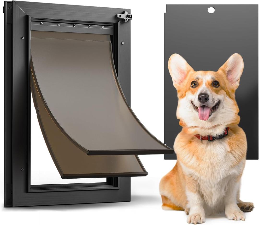 Dog Door for Door, Doggy Door Doggie Door, Medium Dog Door All Aluminum Black, Heavy Duty Pet Door, Double Magnetic Flaps, Thermal Tnsulation, Energy Efficient, Sliding Lock Panel (Pets Up to 45Lb)