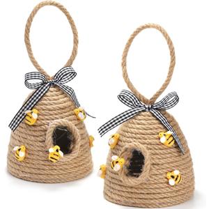 Hedume 2 Pack Bee Hive Decor with Loop, Mini Bee Hive Bees Tiered Tray Decor, Spring Summer Shelf Sitter Coffee Bar Kitchen Table Bumble Bees Theme Party Home Decorations