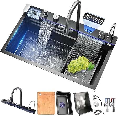 Waterfall Kitchen Sink,Stainless Steel Single Bowl Digital Display Smart Sink Drop In With Various Accessories (Dark Gary, 29.5" x 17.7"x8.7")