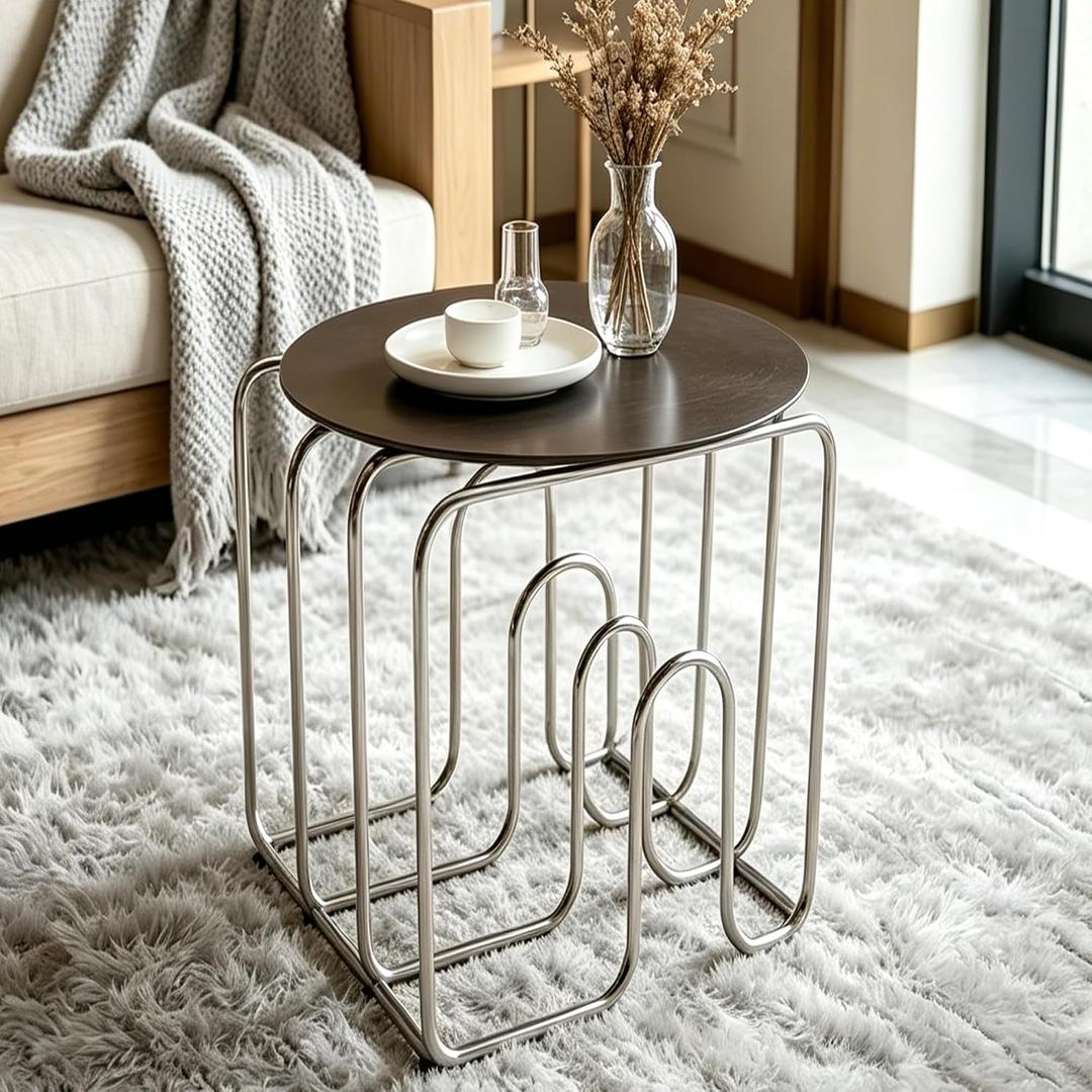 Chrome Side Table, Modern Metal Side Table with Magazine Rack, Round End Table with Storage, Minimalist Nightstand for Living Room Bedroom Office Small Spaces, 34cm x 30cm x 44cm