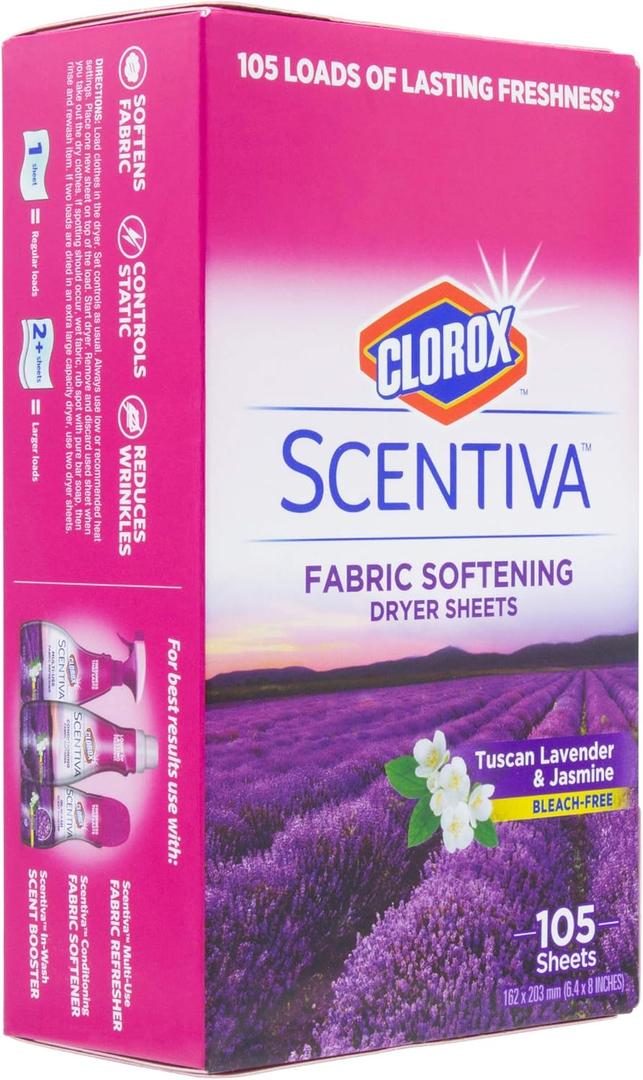 Clorox Scentiva Fabric Softening Dryer Sheets | Fabric Sheets in Tuscan Lavender & Jasmine Scent | Laundry Dryer Sheets for Fresh & Clean Clothes| 105 Count