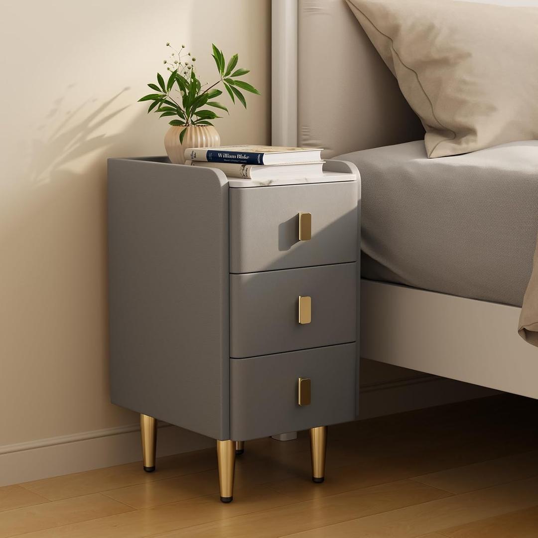 AQIMUELE Narrow Nightstand with Drawers, Narrow Side Table Leather, Small Bedside Tables for Bedroom. (Dark Gray), 11.8''W x 15"D x 22.8"H
