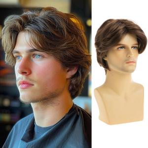 Mens Short Brown Wig Synthetic Straight Layered Cosplay Replacement Hair Wig for Male Guy