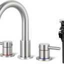 Bathroom Faucet 3 Hole, Brushed Nickel Bathroom Sink Faucet with Pop Up Drain, 8 inch Widespread Bathroom Faucet with 360 Swivel Spout, 2 Handle Vanity Faucet with Water Supply Hoses