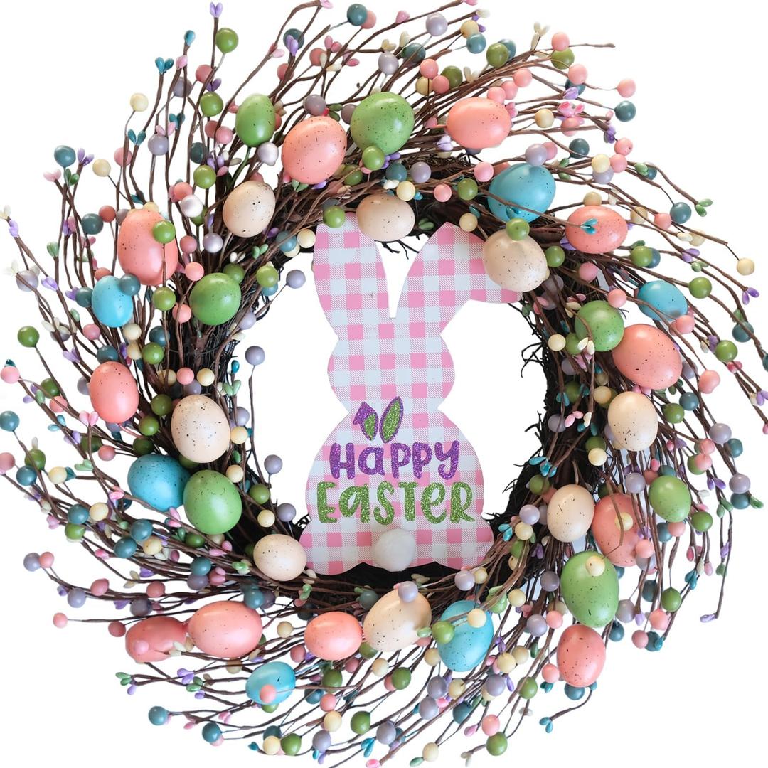 Easter Wreath for Front Door, 18 inch Eggs Wreath with Happy Easter Sign, Spring Wreath for Front Door Wall Window Easter Decor