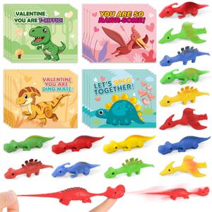 32 Pack Valentines Day Cards for Kids with Slingshot Dinosaur Finger Toys, Valentines Day Gifts for Kid Classroom, Valentines Exchange Cards for Kids, Valentines Party Favors, School Classroom Prize