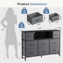 DUMOS TV Stand Dresser with 8 Fabric Drawers and Open Shelves, LED Entertainment Center with Charging Station, Wood Top Media Console for 45-55 inch, Bedroom, Grey, 47.24"D x 11.81"W x 31.5"H