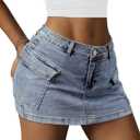 YZEGGO Womens Cargo Skirt Low Waist Button Denim Mini Skirt Summer Y2k Jean Skirt with Flap Pockets (Blue, L)