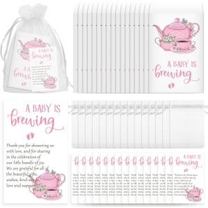 Spakon 50 Sets Tea Baby Shower Favors Decorations for Guest Include a Baby Is Brewing Brew Bags Pink Teapot Thank You Cards Organza Bags Gender Reveal Party Favor, No Tea