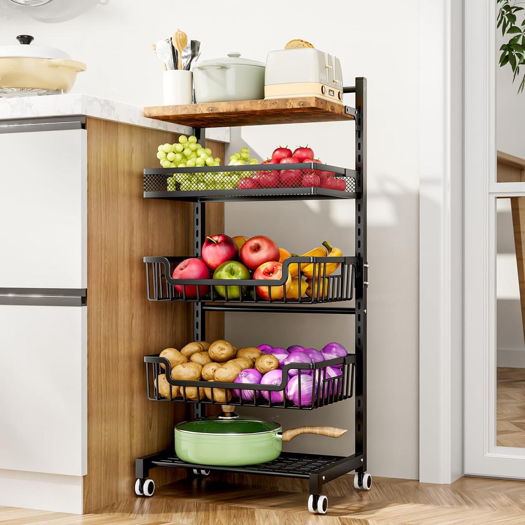 HapiRm Fruit Basket Kitchen Cart - 5 Tier Adjustable Vegetable Storage Rack, Large Capacity Rolling Kitchen Carts on Wheels for Snack Onion and Potato Storage