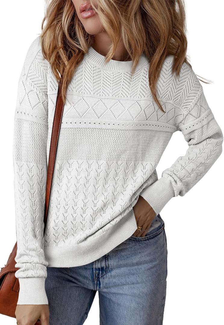 SHEWIN Fall Sweaters for Women Casual Crewneck Long Sleeve Crochet Pullover Tops Sweater (XX-Large, White)