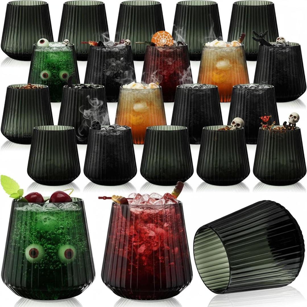 Suclain Plastic Wine Glasses Ribbed Stemless Wine Glasses 14oz Vertical Design Unbreakable Cups for Outdoor Indoor Vintage Elegant Champagne Whiskey Cups for Party Wedding(Black,50 Pcs), 3.54 inches
