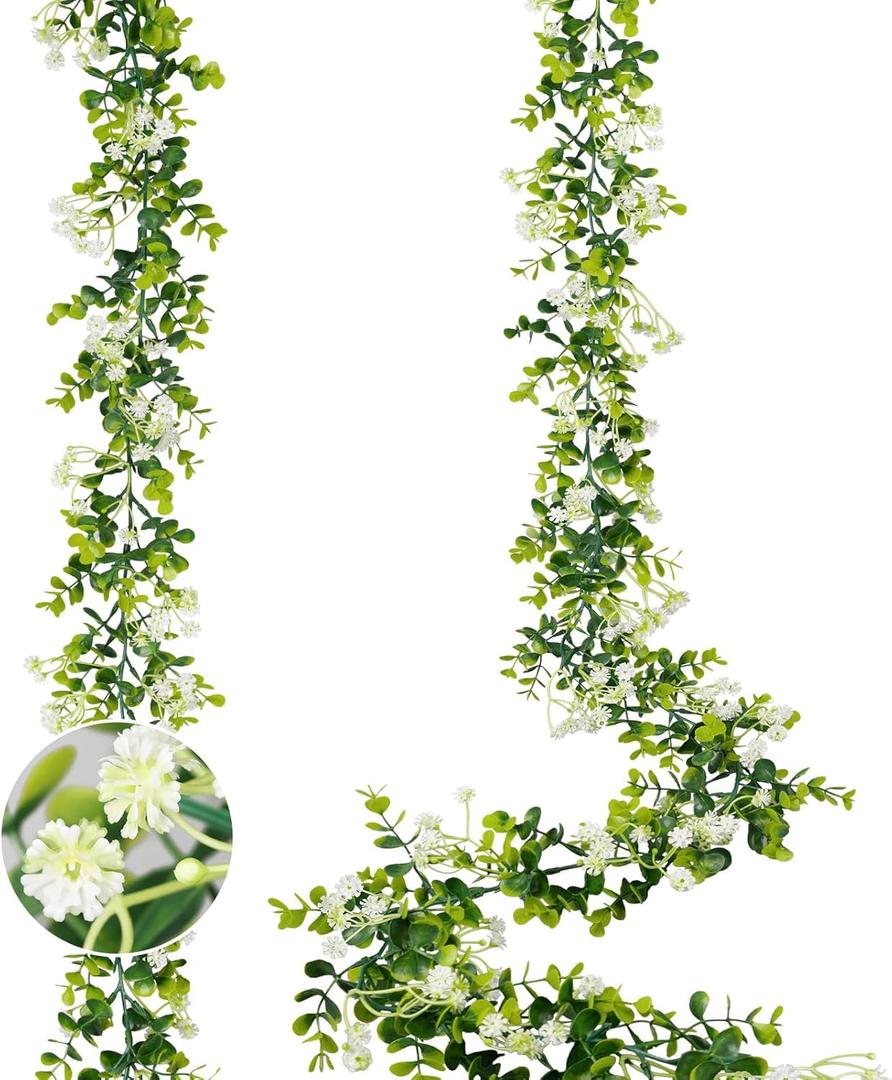 6FT Eucalyptus Garland with Flowers, 2 Pack Artificial Greenery Garland Hanging Faux Eucalyptus Garland Suitable for Table Wedding Backdrop Arch Wall Party UV Protected Indoor Outdoor Decor