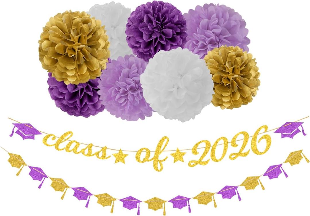 Purple White-Gold Party-Decorations Graduation Banner - 8pcs Kits Class of 2026 Cap Garland Streamers, Paper Tissue Pom Poms Flowers, Congratulations Grad Decor Lasting Surprise